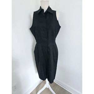 CC Courtenay Black Linen Sleeveless Collard Button Front Midi Vintage Dress 14 L